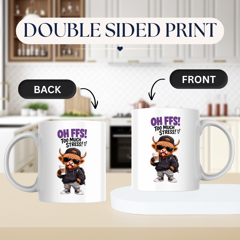Highland Cow Stress Coffee Mug "OH FFS! Too Much Stress!" Oh Ffs! Too Much Stress! 325ml Ceramic Coffee Mug – Cute Highland Cow in Hoodie, Cap & Sunglasses with Coffee Cup | Funny Work Gift | Fast Dispatch by UK Seller (M3385)