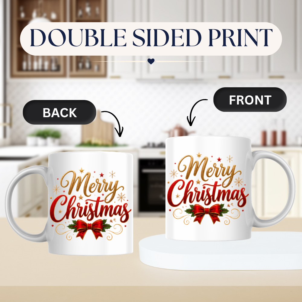 Christmas Mug "Merry Christmas Red Ribbon & Gold Stars" Merry Christmas 325ml Ceramic Coffee Mug – Festive Typography Mug with Red Bow, Holly Gold Stars Holiday Gift | Available in Multicolours | Fast Dispatch by UK Seller (M3311)