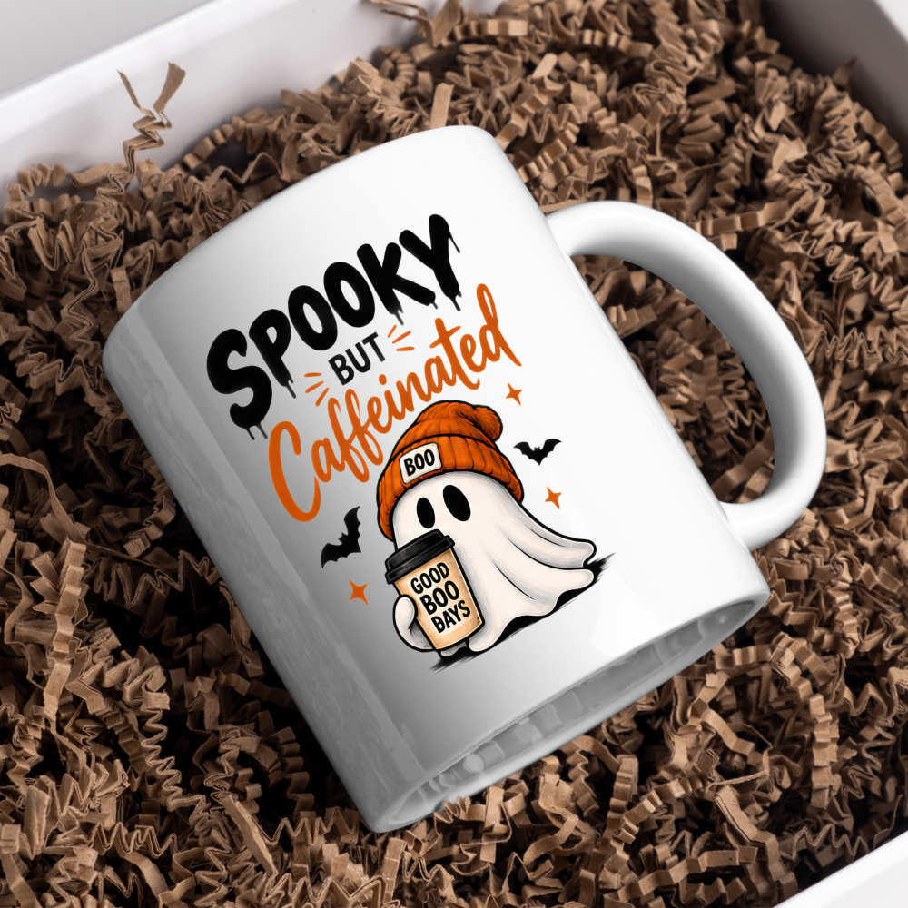 Halloween Mug "SPOOKY BUT Caffeinated" Cute Ghost 325ml Ceramic Coffee Mug – Novelty Autumn Beanie Ghost Tea Cup with Coffee Cup & Bats Graphic Gift | Available in Multicolours | Fast Dispatch by UK Seller (M3068)