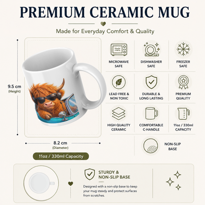 Cool Highland Cow Driving Convertible Car Coffee Mug - Sunglasses & Headphones Farm Animal Ceramic Tea Cup for Drivers & Music Lovers (M1217)