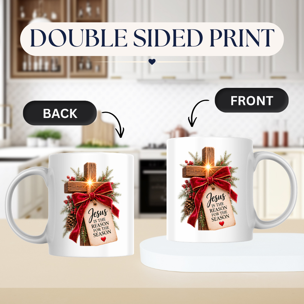 Christmas Mug "Jesus Is The Reason For The Season Wooden Cross" 325ml Ceramic Coffee Mug – Rustic Wooden Cross With Velvet Bow Pine Red Berries Christian Holiday Gift | Available in Multicolours | Fast Dispatch by UK Seller (M3297)