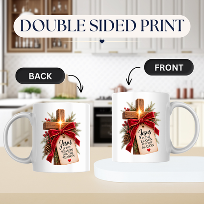 Christmas Mug "Jesus Is The Reason For The Season Wooden Cross" 325ml Ceramic Coffee Mug – Rustic Wooden Cross With Velvet Bow Pine Red Berries Christian Holiday Gift | Available in Multicolours | Fast Dispatch by UK Seller (M3297)