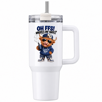 Funny Highland Cow 40oz Tumbler “OH FFS! Where’s My V?” – Boy & Girl Designs | Large White Reusable Travel Cup with Handle & Straw | Cheeky & Sarcastic Gift for Him, Her, Friends & Couples | Fast Dispatch by UK Seller (T1001)