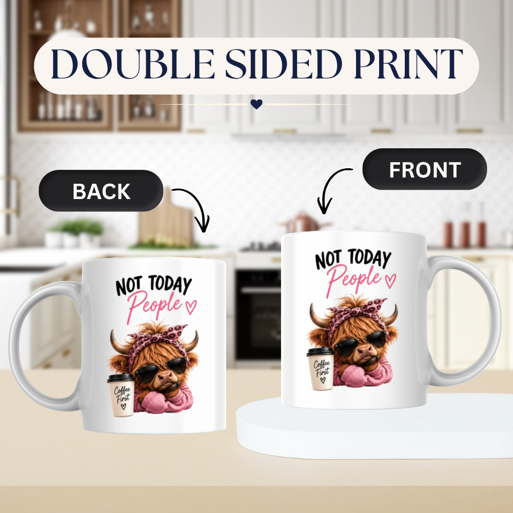 Sassy Highland Cow Mug "Not Today People, Coffee First" Graphic 325ml Ceramic Coffee Cup – Highland Cow in Sunglasses, Pink Hoodie & Leopard Bandana Novelty Tea Cup | Sarcastic Gift for Her | Available in Multicolours | Fast Dispatch by UK Seller (M3134)