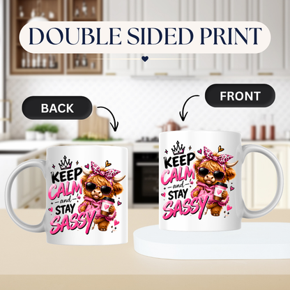 Highland Cow Mug "Keep Calm And Stay Sassy" 325ml Ceramic Coffee Tea Cup – Pink Leopard Bow, Hoodie, Coffee & Slogan Novelty Gift for Bestie, Women, Birthday – Fast Dispatch by UK Seller (M3503)