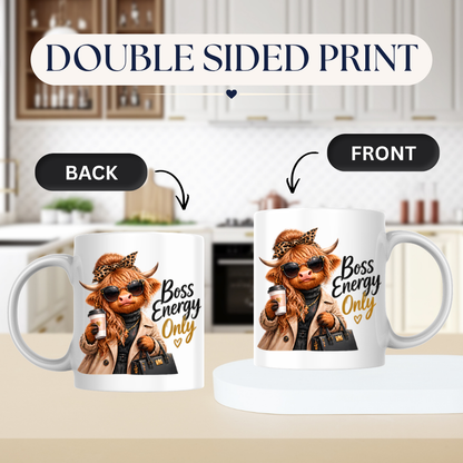 Highland Cow Mug "Boss Energy Only Highland Cow" 325ml Ceramic Coffee Mug – Stylish Highland Cow in Leopard Bow, Trench Coat Sunglasses Holding Coffee Cup Designer Bag Office Boss Gift | Available in Multicolours | Fast Dispatch by UK Seller (M3277)