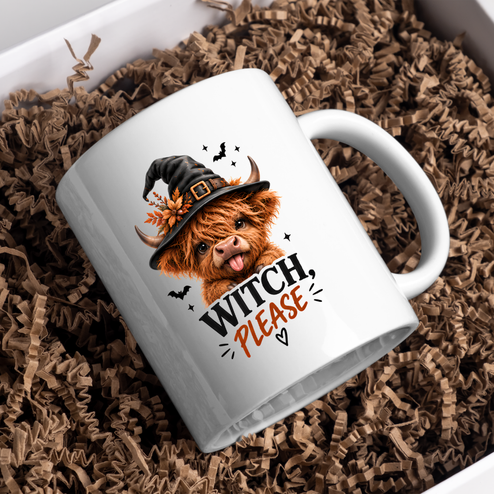 Sassy Halloween Highland Cow Mug "Witch, Please" Graphic 325ml Ceramic Coffee Cup Cute Highland Cow in Witch Hat with Bats Novelty Tea Cup | Funny Spooky Season Gift for Her | Available in Multicolours | Fast Dispatch by UK Seller (M3133)