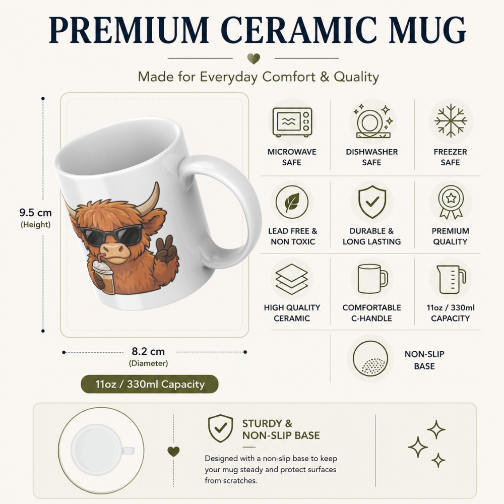 Cool Highland Cow Drinking Iced Coffee Mug - Cute Animated Farm Animal Ceramic Tea Cup with Sunglasses & Peace Sign (M1203)