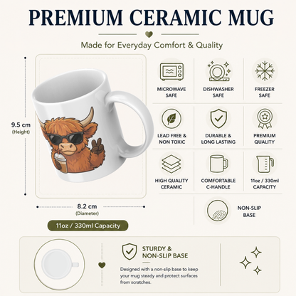 Cool Highland Cow Drinking Iced Coffee Mug - Cute Animated Farm Animal Ceramic Tea Cup with Sunglasses & Peace Sign (M1203)
