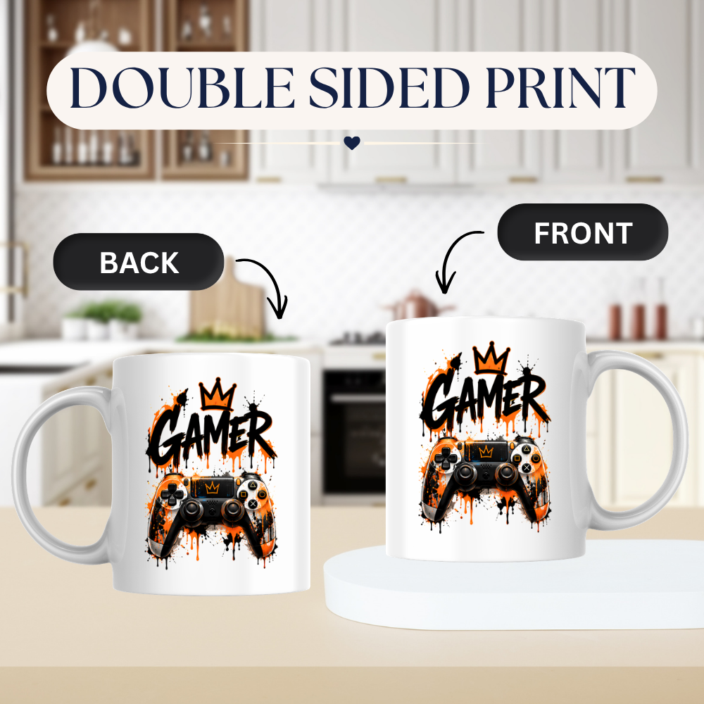 Gaming Mug "Gamer" Gamer 325ml Ceramic Coffee Mug – Gaming Controller Mug with Crown & Orange Paint Splatter Art | Video Game Gift | Fast Dispatch by UK Seller (M3343)