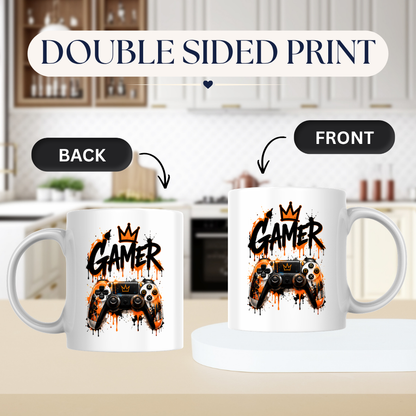 Gaming Mug "Gamer" Gamer 325ml Ceramic Coffee Mug – Gaming Controller Mug with Crown & Orange Paint Splatter Art | Video Game Gift | Fast Dispatch by UK Seller (M3343)