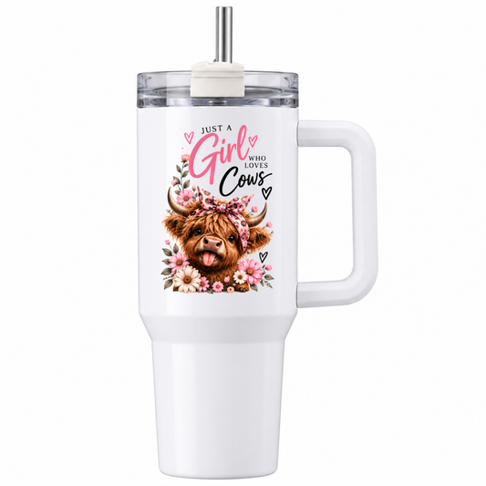 Cute Highland Cow Travel Tumbler "Just A Girl Who Loves Cows" Graphic 40oz Stainless Steel Insulated Travel Mug with Handle & Straw – Cheeky Cow in Pink Leopard Bow & Floral Frame Novelty Travel Cup | Fast Dispatch by UK Seller (T3035)