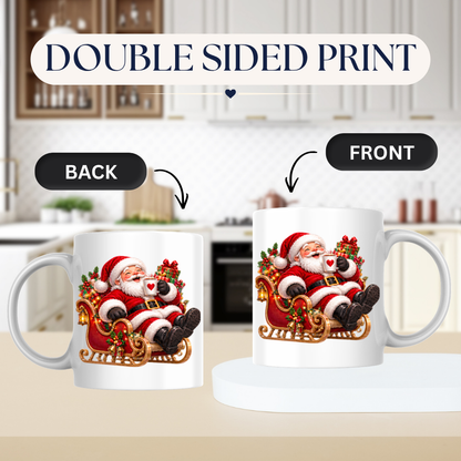 Christmas Mug "Relaxing Santa Sleigh Coffee Heart" Relaxing Santa Sleigh 325ml Ceramic Coffee Mug – Festive Christmas Tea Cup with Jolly Santa Claus In Sleigh Heart Mug Graphic Gift | Available in Multicolours | Fast Dispatch by UK Seller (M3182)