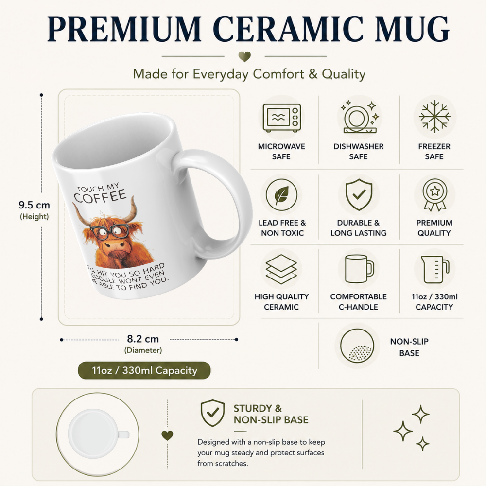 Funny Highland Cow "Touch My Coffee" Coffee Mug - Sarcastic Meme Animal Ceramic Tea Cup with Glasses & Funny Quote Gift (M1206)