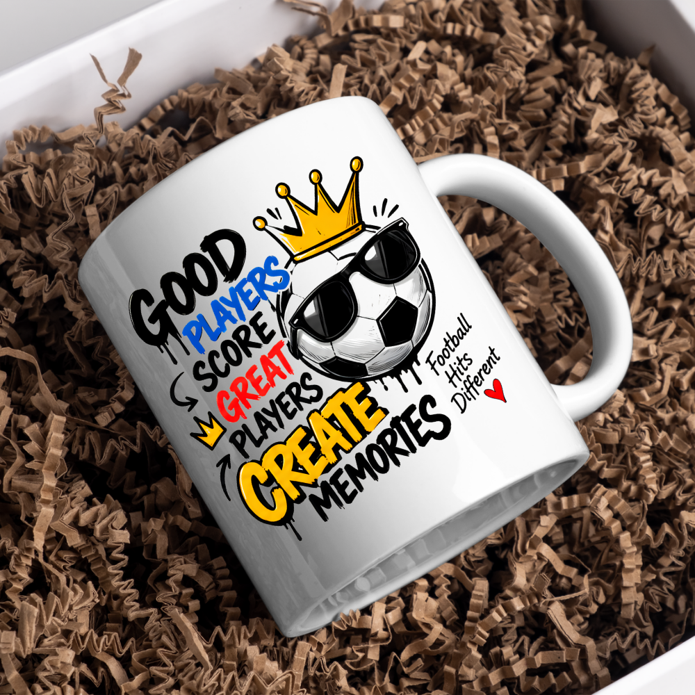 Football Mug "GOOD PLAYERS SCORE GREAT PLAYERS CREATE MEMORY" Cool Football 325ml Ceramic Coffee Mug – Sporty Football Tea Cup with Crown, Sunglasses & "Football Hits Different" Graphic Gift | Available in Multicolours | Fast Dispatch by UK Seller (M3092)