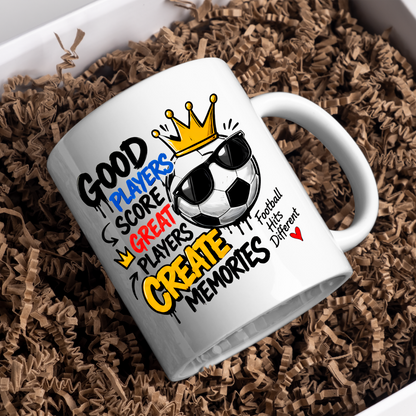 Football Mug "GOOD PLAYERS SCORE GREAT PLAYERS CREATE MEMORY" Cool Football 325ml Ceramic Coffee Mug – Sporty Football Tea Cup with Crown, Sunglasses & "Football Hits Different" Graphic Gift | Available in Multicolours | Fast Dispatch by UK Seller (M3092)