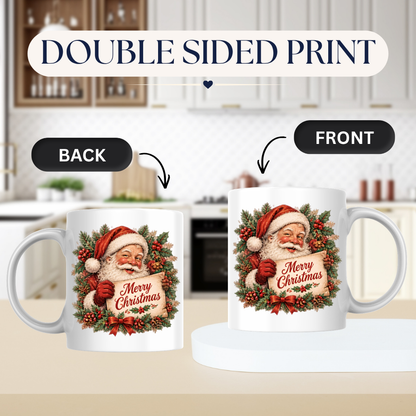 Vintage Santa Claus Christmas Scroll Mug "Merry Christmas" Vintage Santa Claus 325ml Ceramic Coffee Mug – Nostalgic Santa Claus holding Merry Christmas Scroll with Holly Wreath & Red Bow | Festive Holiday Gift | Fast Dispatch by UK Seller (M3414)