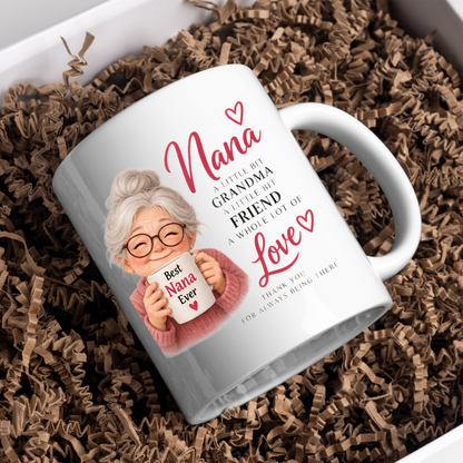 Family Mug "Nana A LITTLE BIT GRANDMA A LITTLE BIT FRIEND A WHOLE LOT OF Love" Sweet Grandma 325ml Ceramic Coffee Mug – Heartwarming Nana Tea Cup with Smiling Grandma & Mini Mug Graphic Gift | Available in Multicolours | Fast Dispatch by UK Seller (M3012)