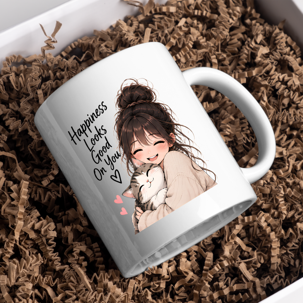 Inspirational Anime Mug "Happiness Looks Good On You" Cute Anime Girl & Cat 325ml Ceramic Coffee Mug Wholesome Kitten Tea Cup with Cute Girl Hugging Cat Graphic Gift | Available in Multicolours | Fast Dispatch by UK Seller (M3024)