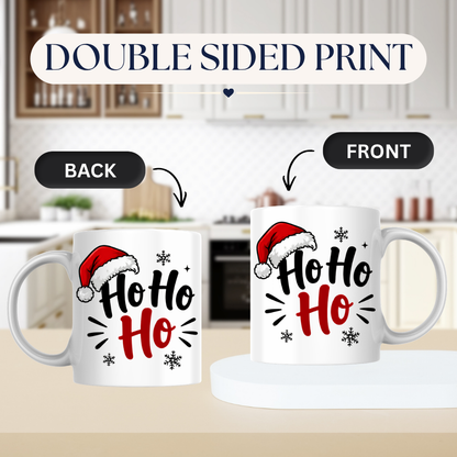 Christmas Santa Hat Mug "Ho Ho Ho" Ho Ho Ho 325ml Ceramic Coffee Mug – Festive Santa Claus Typography Slogan with Red Santa Hat, Snowflakes & Burst Lines | Winter Holiday Gift | Fast Dispatch by UK Seller (M3436)