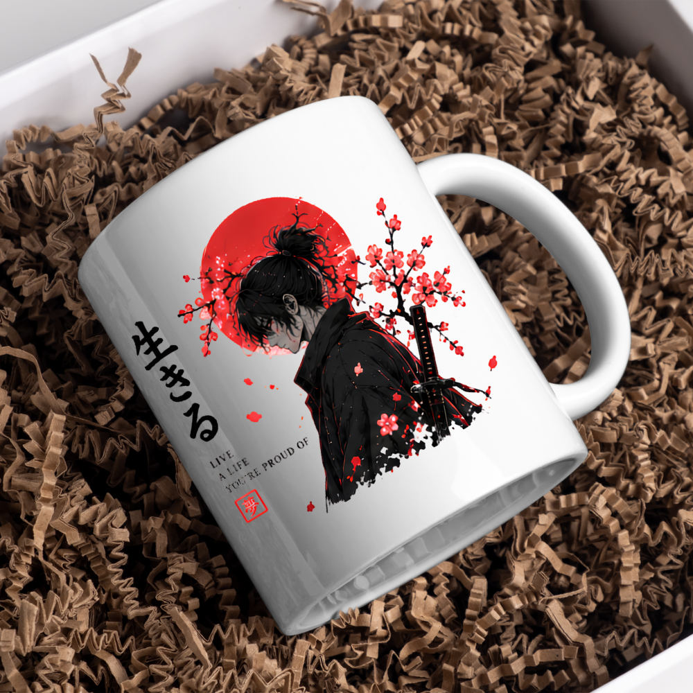 Japanese Anime Samurai Mug "LIVE A LIFE You'Re Proud Of" Red Sun & Cherry Blossom 325ml Ceramic Coffee Mug – Aesthetic Warrior Tea Cup with Kanji Katana Graphic Gift | Available in Multicolours | Fast Dispatch by UK Seller (M3032)