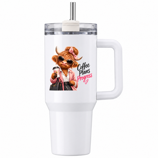Sassy Highland Cow Travel Tumbler "Coffee Plans Progress" Graphic 40oz Stainless Steel Insulated Travel Mug with Handle & Straw – Fashion Cow in Pink Blazer, Sunglasses, Handbag & Coffee Cup Novelty Travel Cup | Fast Dispatch by UK Seller (T3021)