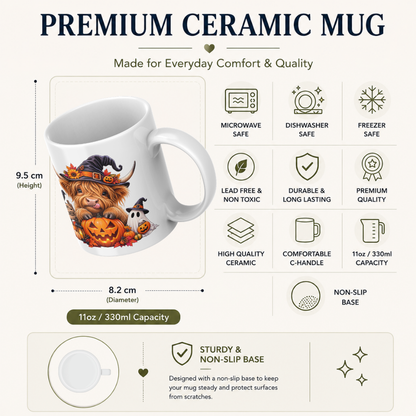 Spooky Cute Halloween Highland Cow Coffee Mug - Witch Hat & Jack-o'-Lantern Pumpkin Ceramic Tea Cup for Fall & Spooky Season Decor (M1212)