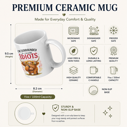 Funny Facepalm Highland Cow "I'm Surrounded by Fucking Idiots" Coffee Mug - Sarcastic Farm Animal Ceramic Tea Cup with Sunflower Crown & Relatable Meme Quote Gift (M1210)
