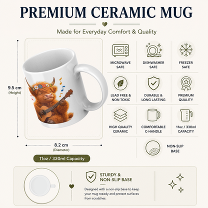Highland Cow Playing Guitar Ceramic Coffee Mug - Cute Fluffy Farm Animal Flower Crown Tea Cup for Musicians & Music Lovers (M1219)