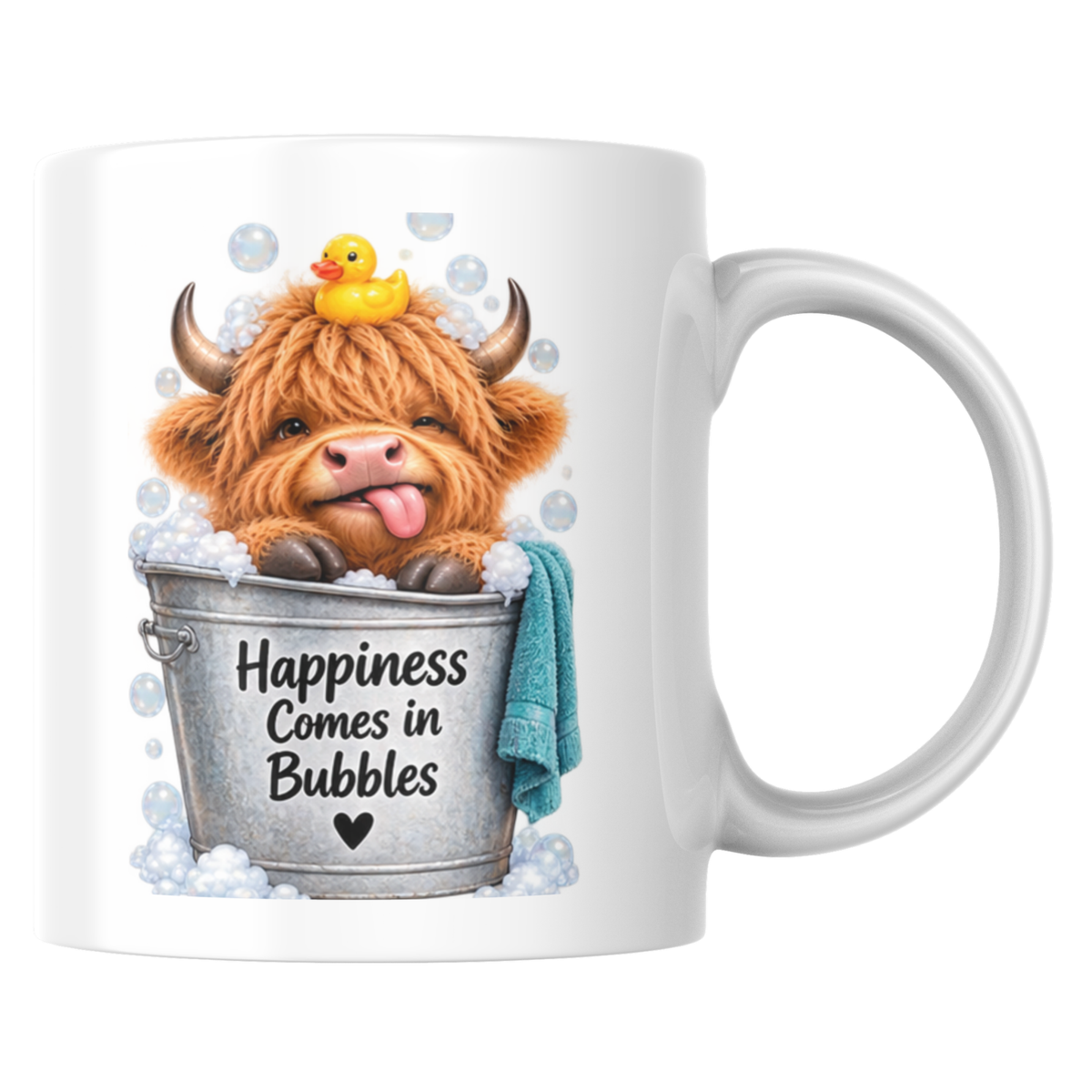 Novelty Mug "Happiness Comes in Bubbles" Highland Cow Ceramic Coffee Mug – Cute Bubble Bath Farm Animal with Rubber Duck & Tongue-Out Tea Cup Gift | Available in Multicolours | Fast Dispatch by UK Seller (M1225)