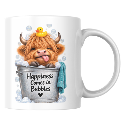 Novelty Mug "Happiness Comes in Bubbles" Highland Cow Ceramic Coffee Mug – Cute Bubble Bath Farm Animal with Rubber Duck & Tongue-Out Tea Cup Gift | Available in Multicolours | Fast Dispatch by UK Seller (M1225)