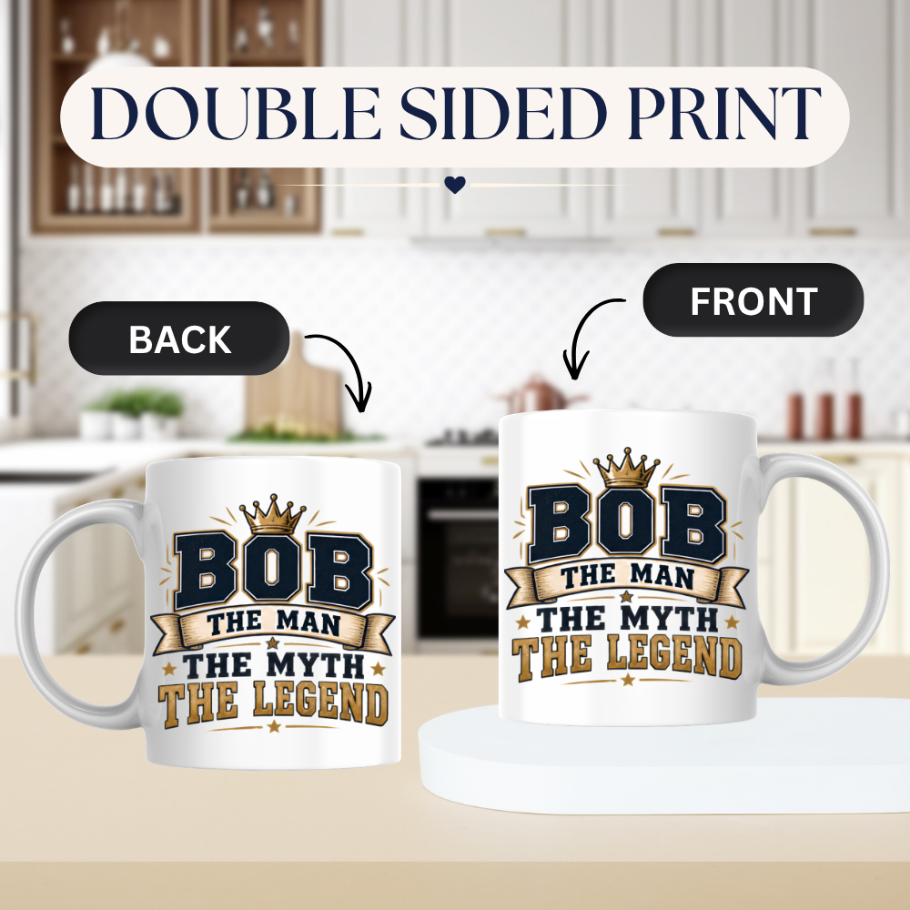 Personalized Name Mug "Bob The Man The Myth The Legend" Bob The Man The Myth The Legend 325ml Ceramic Coffee Mug – Custom Name Typography Slogan with Gold Crown, Banner & Stars | Funny Gift | Fast Dispatch by UK Seller (M3416)