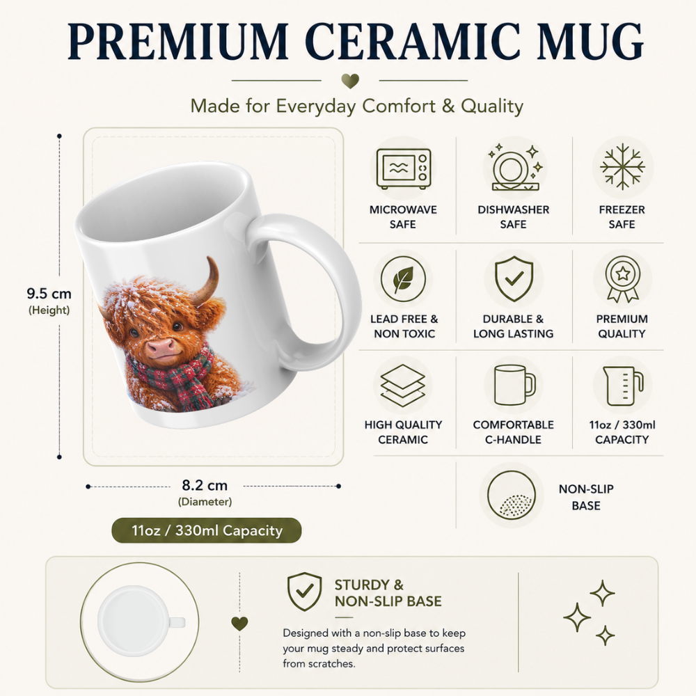 Winter Snow Highland Cow Coffee Mug - Fluffy Baby Animal in Plaid Scarf Ceramic Tea Cup for Christmas & Cozy Holiday Decor (M1215)