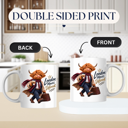 London Mug "London Moves Different Gentlemen Highland Cow" 325ml Ceramic Coffee Mug – Dapper Gentleman Highland Cow Commuter With Coffee Leather Briefcase Trench Coat Office Gift | Available in Multicolours | Fast Dispatch by UK Seller (M3283)