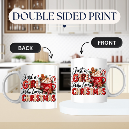 Christmas Mug "Just a Girl Who Loves Christmas" Festive Hot Chocolate Coffee Cup 350ml Ceramic, Cute Gingerbread Candy Cane Winter Gift for Her Mum Daughter Sister Girlfriend, Xmas Secret Santa Stocking Filler | Fast Dispatch by UK Seller (M1144)