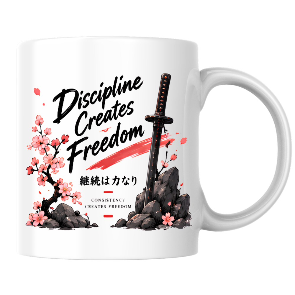 Inspirational Japanese Katana Mug "Discipline Creates Freedom" Cherry Blossom 325ml Ceramic Coffee Mug – Samurai Sword Tea Cup with Kanji Rock Graphic Gift | Available in Multicolours | Fast Dispatch by UK Seller (M3042)