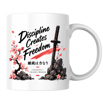 Inspirational Japanese Katana Mug "Discipline Creates Freedom" Cherry Blossom 325ml Ceramic Coffee Mug – Samurai Sword Tea Cup with Kanji Rock Graphic Gift | Available in Multicolours | Fast Dispatch by UK Seller (M3042)
