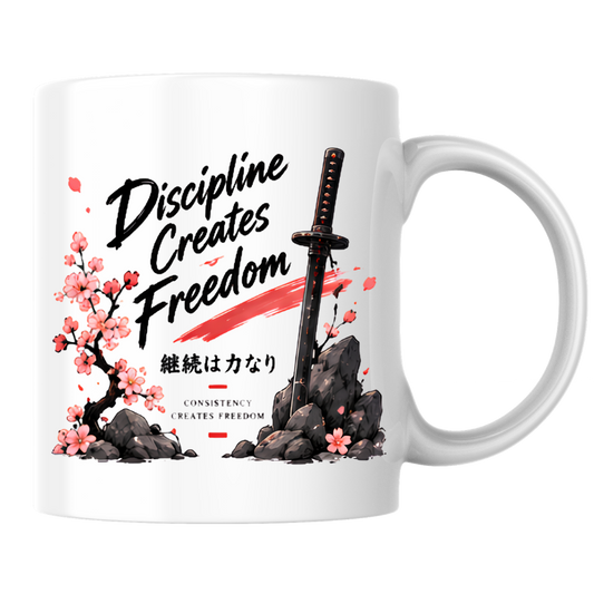 Inspirational Japanese Katana Mug "Discipline Creates Freedom" Cherry Blossom 325ml Ceramic Coffee Mug – Samurai Sword Tea Cup with Kanji Rock Graphic Gift | Available in Multicolours | Fast Dispatch by UK Seller (M3042)