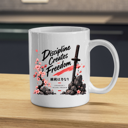 Inspirational Japanese Katana Mug "Discipline Creates Freedom" Cherry Blossom 325ml Ceramic Coffee Mug – Samurai Sword Tea Cup with Kanji Rock Graphic Gift | Available in Multicolours | Fast Dispatch by UK Seller (M3042)