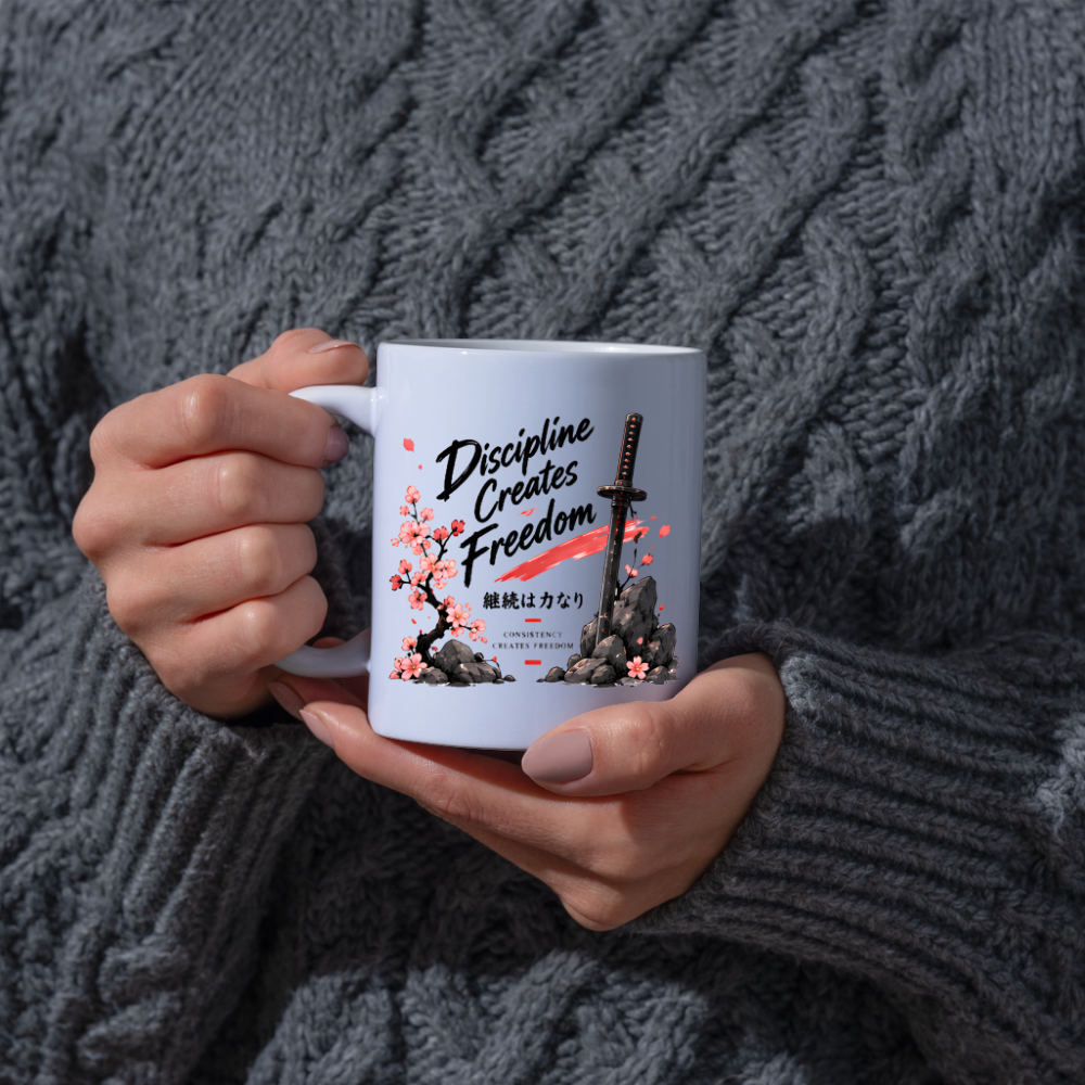 Inspirational Japanese Katana Mug "Discipline Creates Freedom" Cherry Blossom 325ml Ceramic Coffee Mug – Samurai Sword Tea Cup with Kanji Rock Graphic Gift | Available in Multicolours | Fast Dispatch by UK Seller (M3042)
