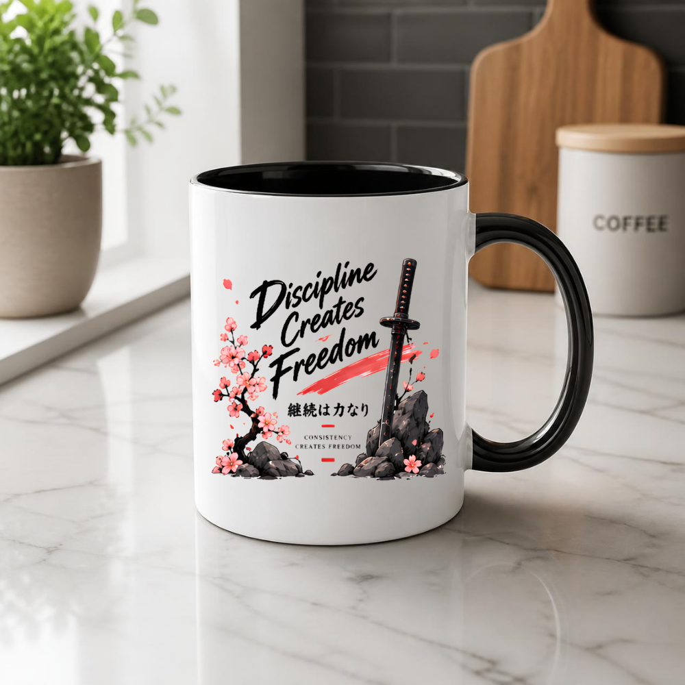 Inspirational Japanese Katana Mug "Discipline Creates Freedom" Cherry Blossom 325ml Ceramic Coffee Mug – Samurai Sword Tea Cup with Kanji Rock Graphic Gift | Available in Multicolours | Fast Dispatch by UK Seller (M3042)