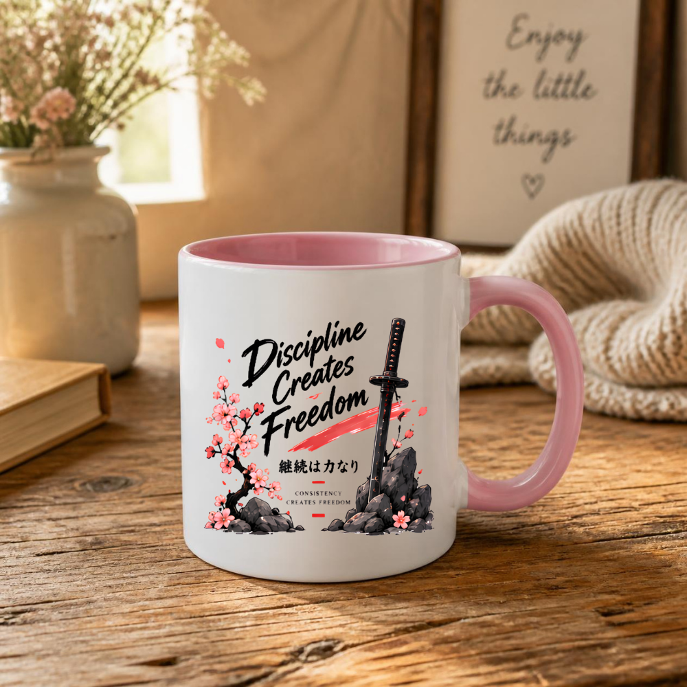 Inspirational Japanese Katana Mug "Discipline Creates Freedom" Cherry Blossom 325ml Ceramic Coffee Mug – Samurai Sword Tea Cup with Kanji Rock Graphic Gift | Available in Multicolours | Fast Dispatch by UK Seller (M3042)
