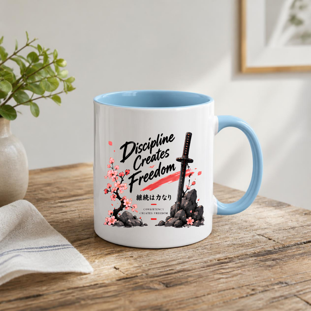 Inspirational Japanese Katana Mug "Discipline Creates Freedom" Cherry Blossom 325ml Ceramic Coffee Mug – Samurai Sword Tea Cup with Kanji Rock Graphic Gift | Available in Multicolours | Fast Dispatch by UK Seller (M3042)