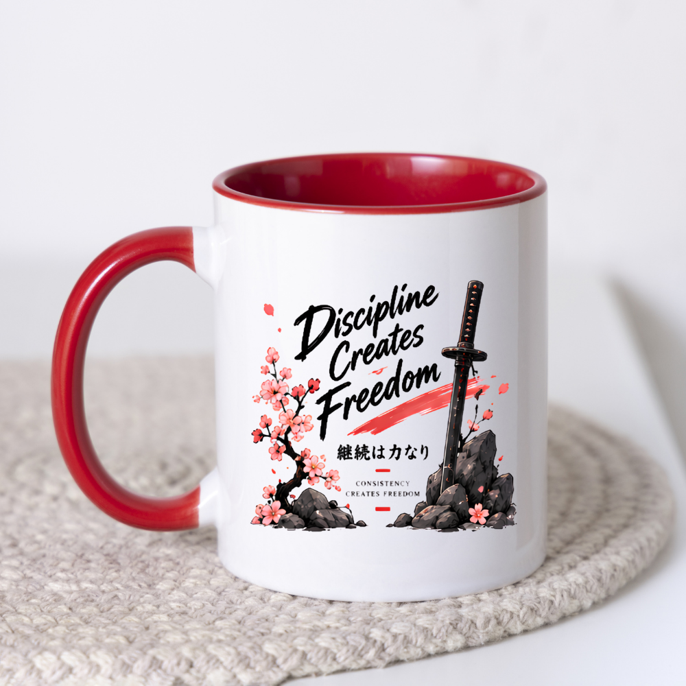 Inspirational Japanese Katana Mug "Discipline Creates Freedom" Cherry Blossom 325ml Ceramic Coffee Mug – Samurai Sword Tea Cup with Kanji Rock Graphic Gift | Available in Multicolours | Fast Dispatch by UK Seller (M3042)