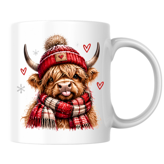 Highland Cow Winter Scarf Mug "Cozy Winter Highland Cow" Cozy Winter Highland Cow 325ml Ceramic Coffee Mug – Cute Highland Cow in Red Pom-Pom Beanie & Matching Tartan Scarf with Snowflakes & Hearts | Winter Gift | Fast Dispatch by UK Seller (M3396)
