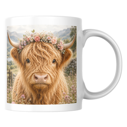 Fluffy Highland Cow Coffee Mug with Floral Crown - Cute Farmhouse Animal Ceramic Tea Cup for Rustic Kitchen Decor & Nature Lovers (M1202)