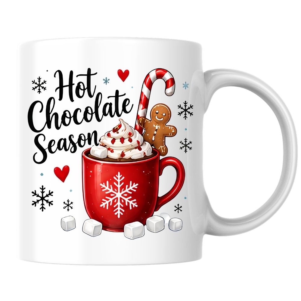 Cozy Mug "Hot Chocolate Season" Red Snowflake 325ml Ceramic Coffee Mug – Winter Holiday Tea Cup with Marshmallows, Gingerbread Man & Candy Cane | Available in Multicolours | Fast Dispatch by UK Seller (M1270)