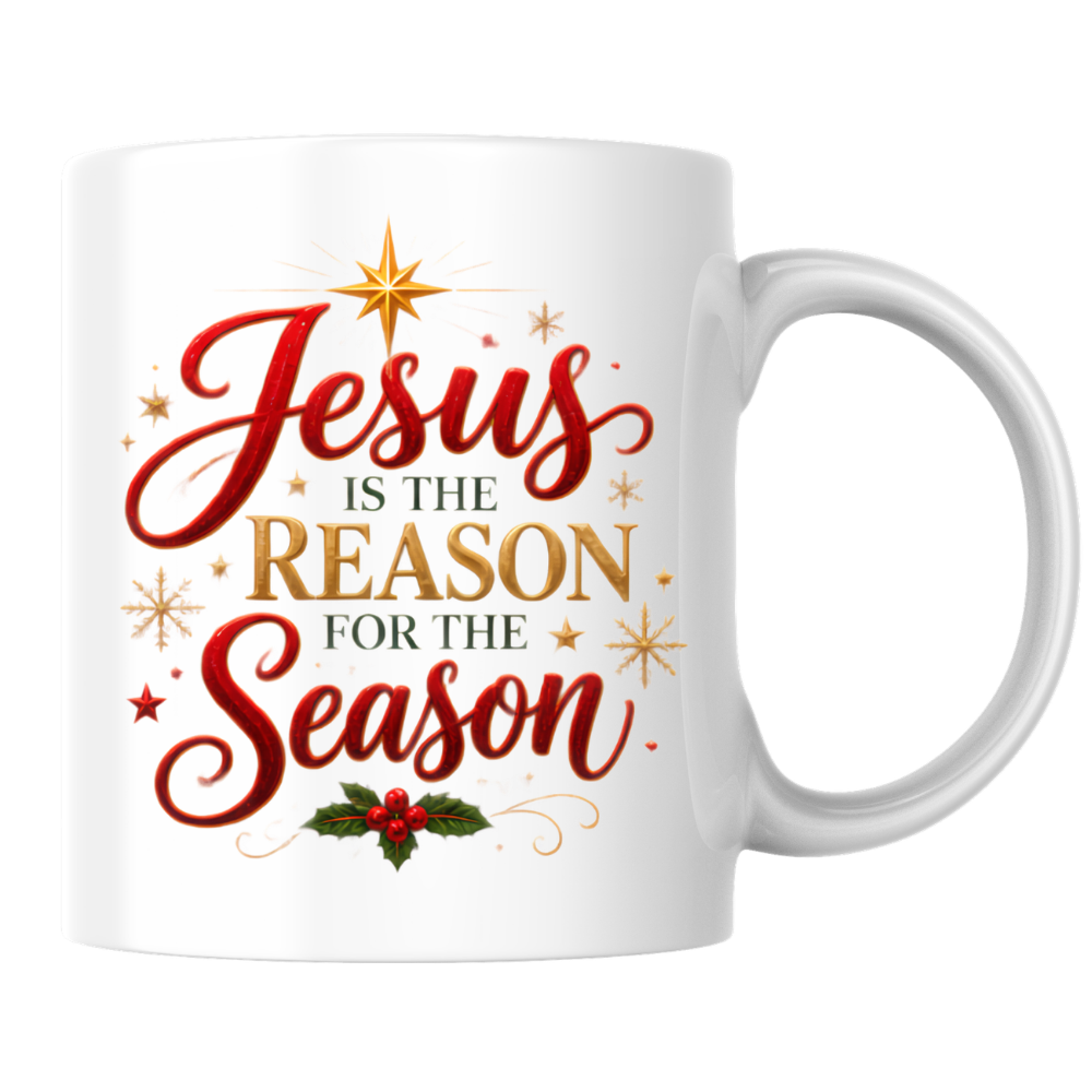 Christmas Mug "Jesus Is The Reason For The Season" 325ml Ceramic Coffee Mug – Festive Christian Typography Mug With Star Of Bethlehem Holly Gold Stars Holiday Gift | Available in Multicolours | Fast Dispatch by UK Seller (M3312)