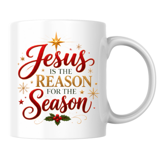 Christmas Mug "Jesus Is The Reason For The Season" 325ml Ceramic Coffee Mug – Festive Christian Typography Mug With Star Of Bethlehem Holly Gold Stars Holiday Gift | Available in Multicolours | Fast Dispatch by UK Seller (M3312)