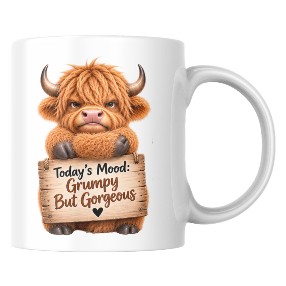 Grumpy Mug But Gorgeous Highland Cow Ceramic Coffee Mug – Funny Sassy Farm Animal Wooden Sign Quote Tea Cup Gift 350ml | Available in Multicolours | Fast Dispatch by UK Seller (M1227)